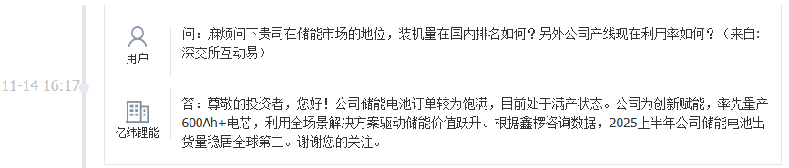亿纬锂能:储能电池订单较为饱满目前处于满产状态,2025上半年公司储能电池出货量稳居全球第二